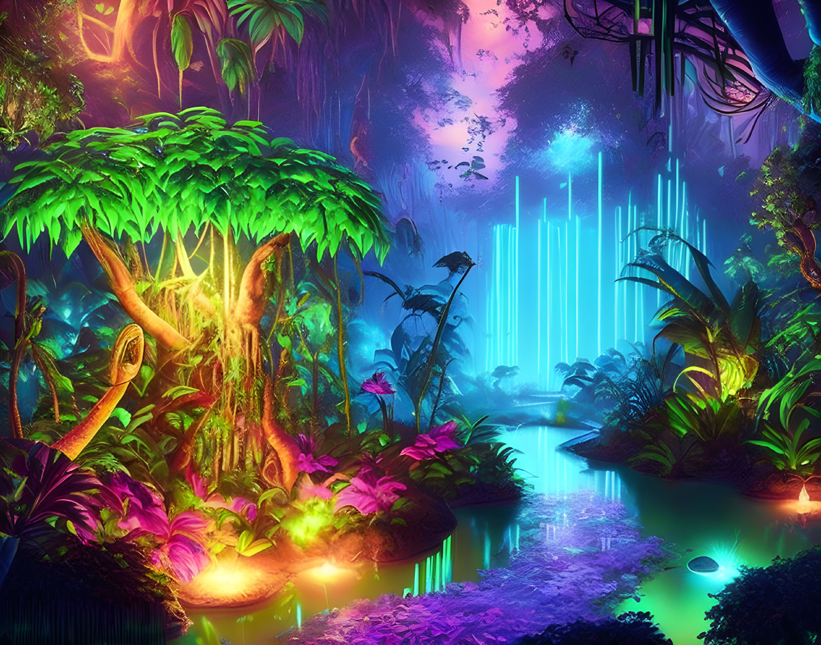 Lush Jungle Scene with Neon Lights, Pond, Foliage, and Glowing Waterfall