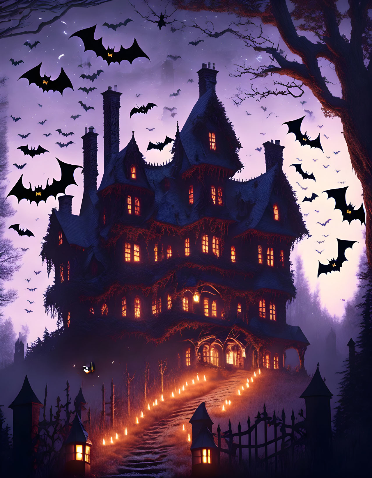 Gothic mansion at twilight with glowing windows, bats, and lantern-lined path