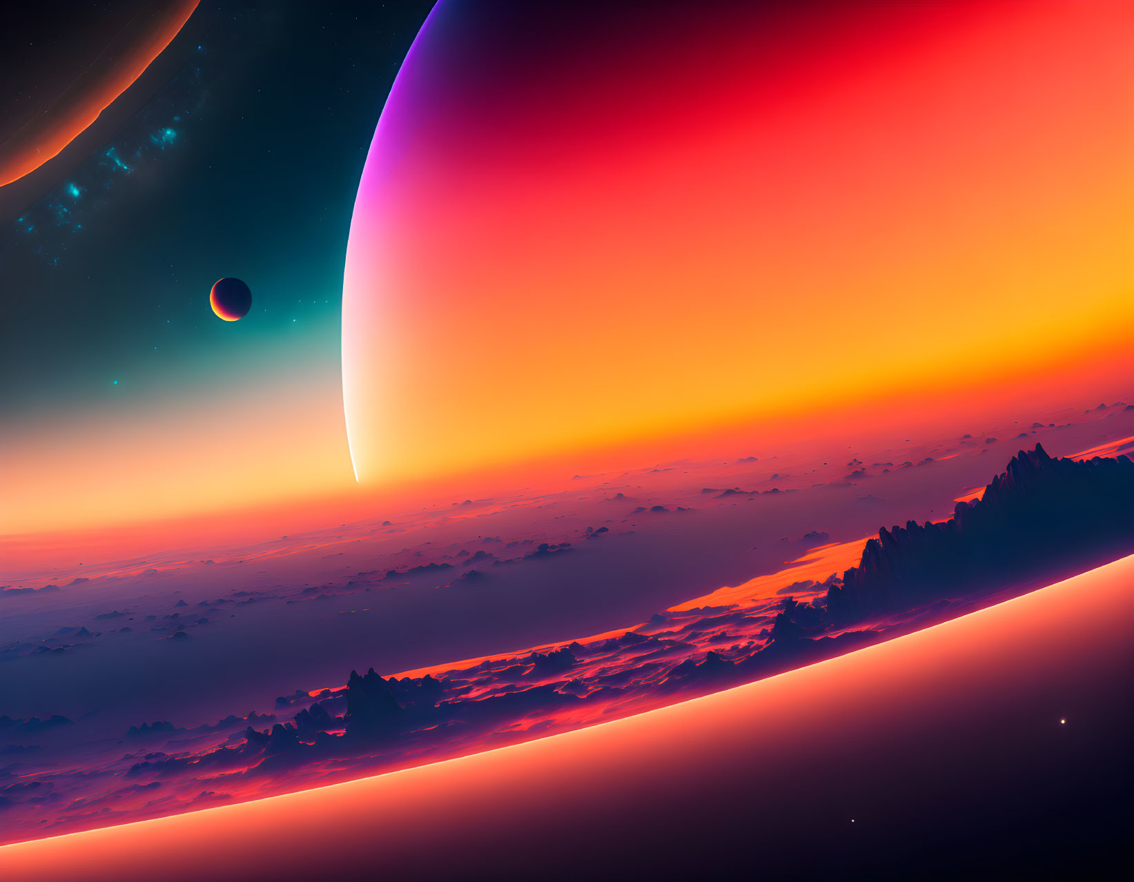 Colorful Sci-Fi Landscape with Alien Sky & Celestial Bodies