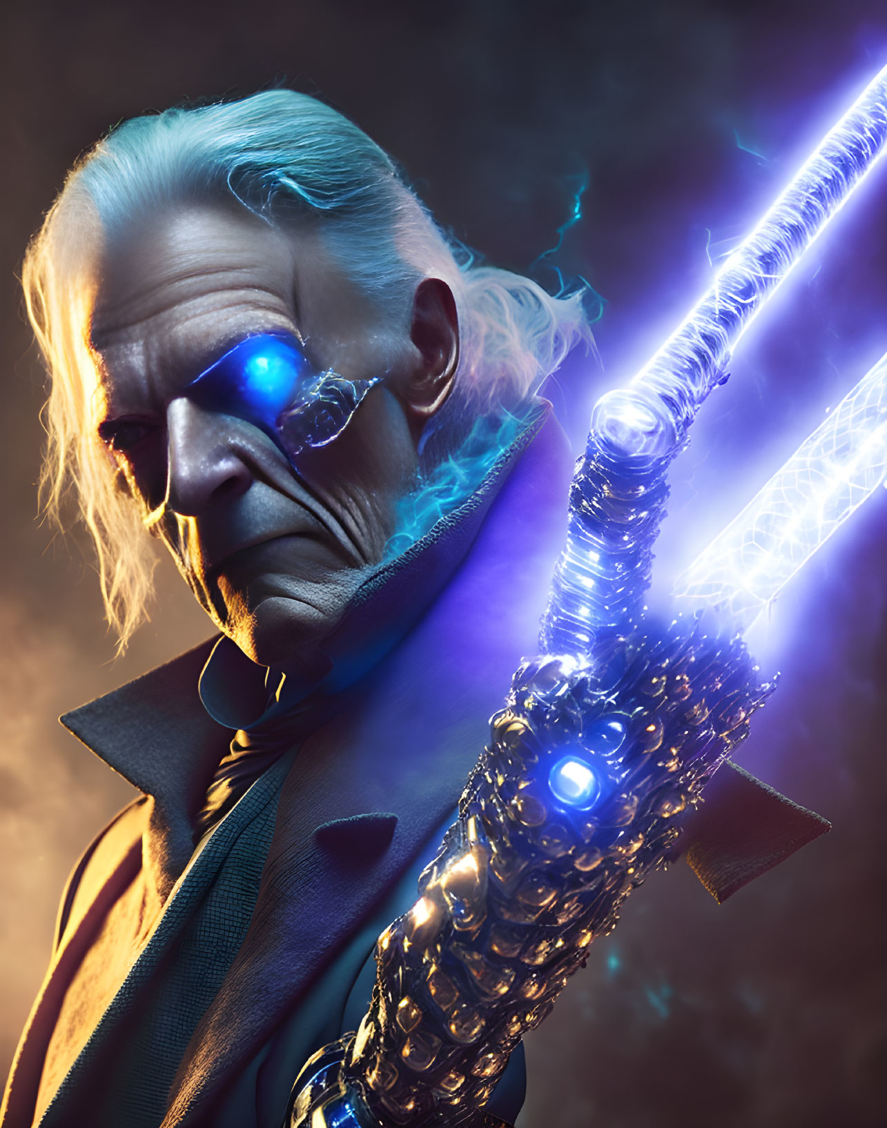 Elder Male Figure with Cybernetic Eye and Blue Energy Staff