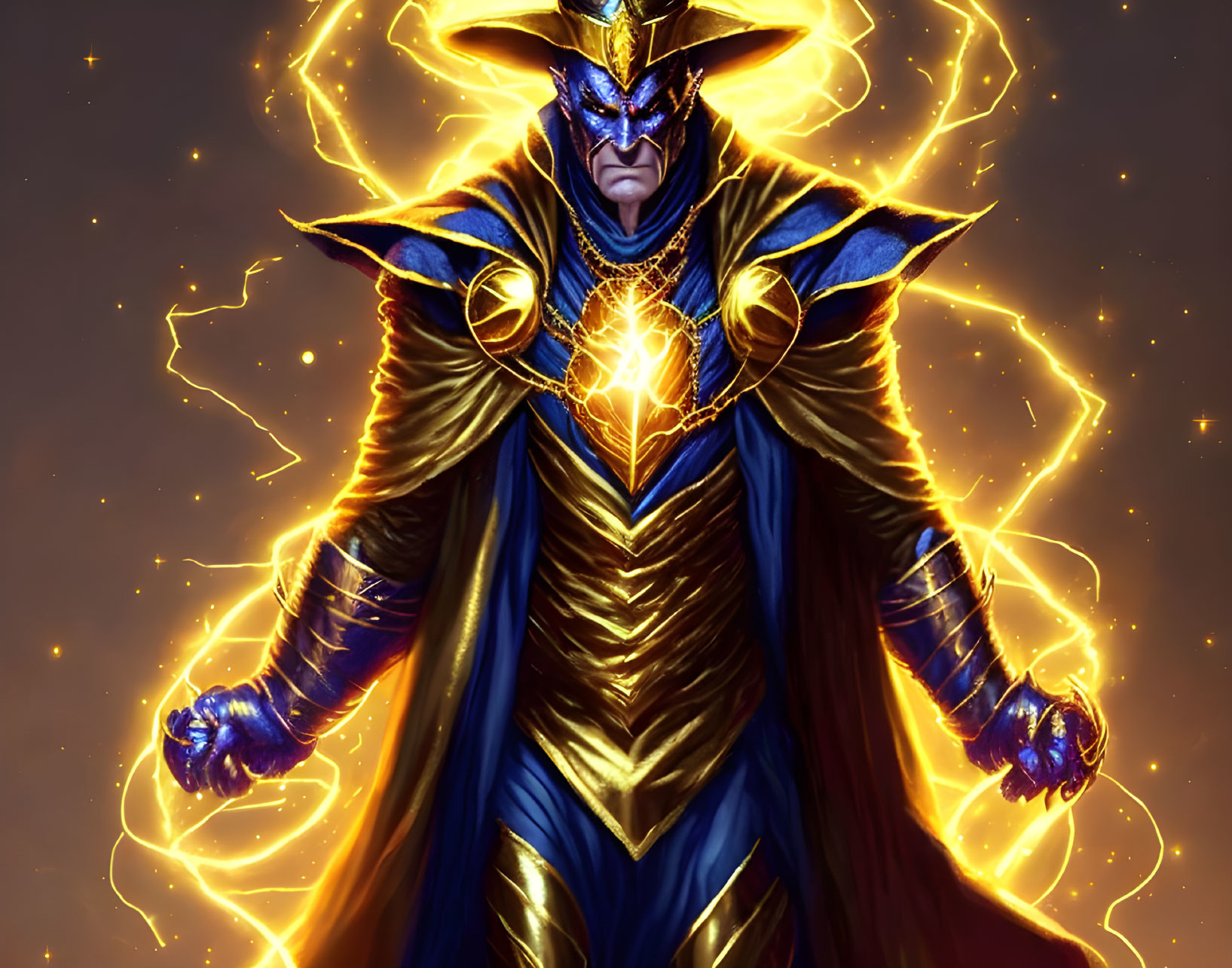 Majestic figure in blue and gold armor exudes crackling energy