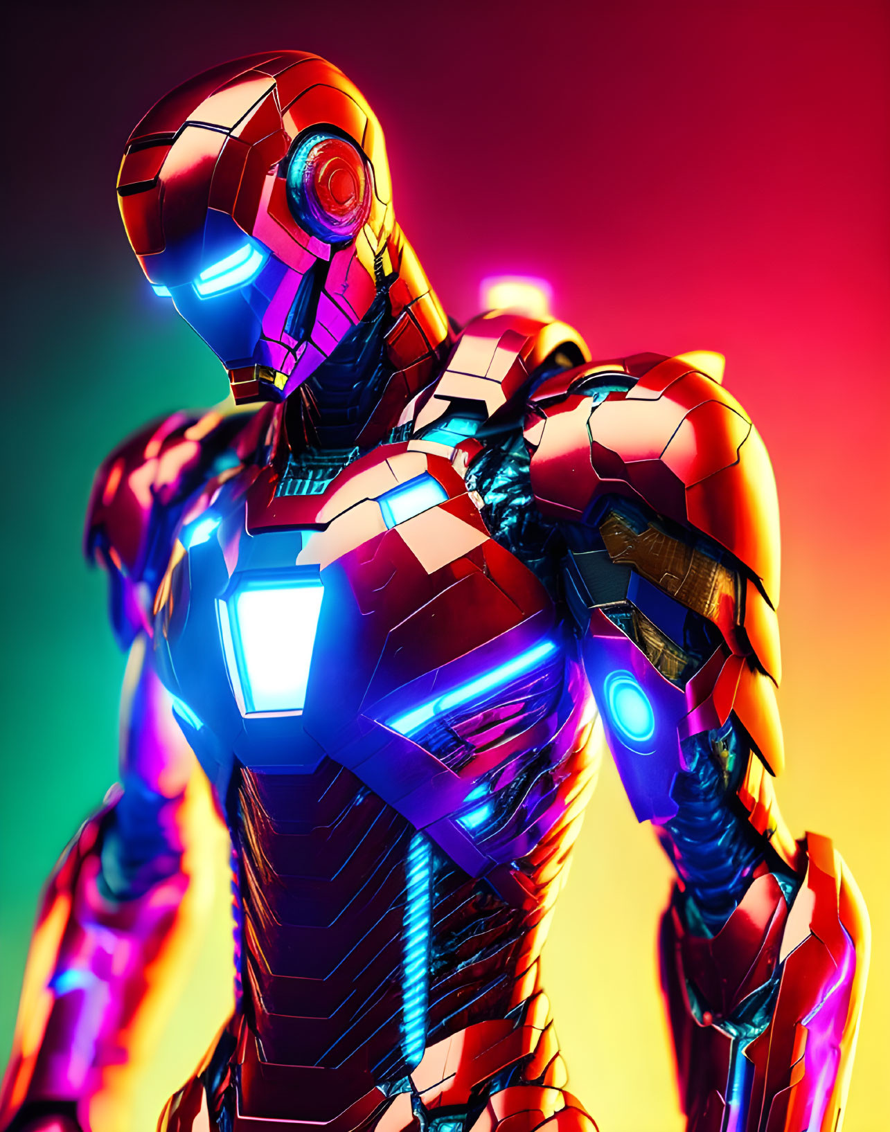 Glowing chest piece on armored robotic suit against neon background