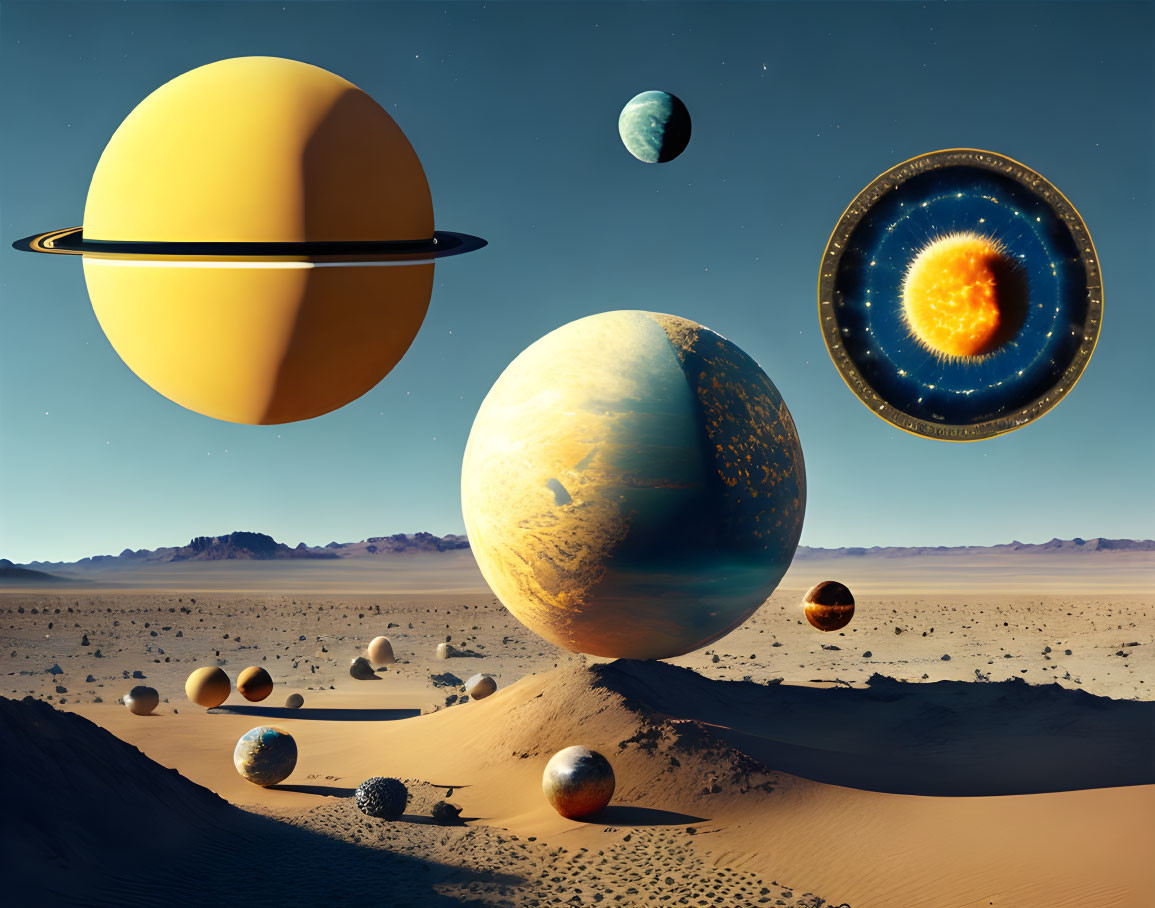 Surreal desert landscape with oversized planets in the sky