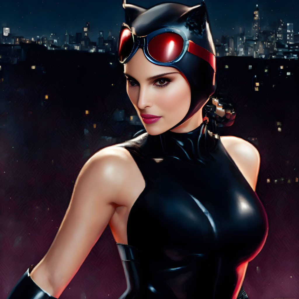 Woman in Catwoman costume with black suit and red goggles against night city skyline.