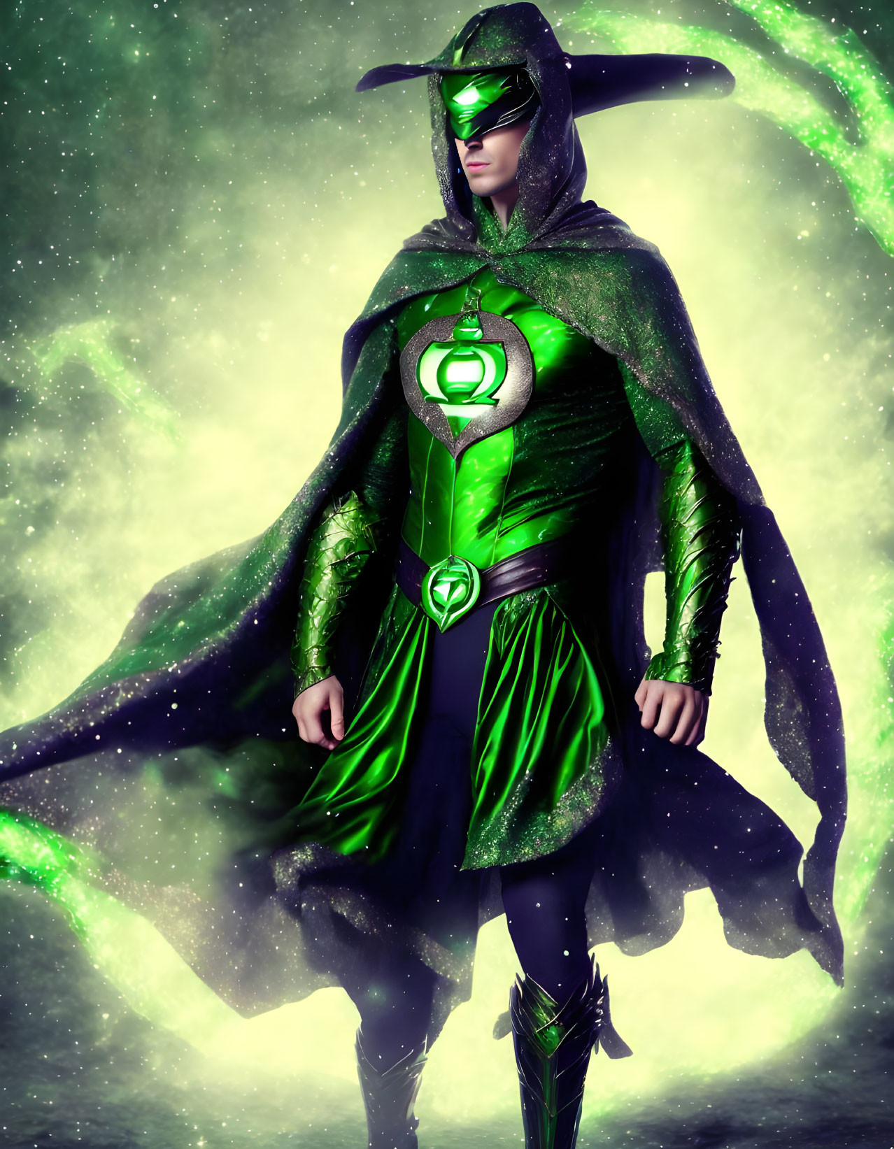 Vibrant Green Lantern superhero costume against cosmic starry background