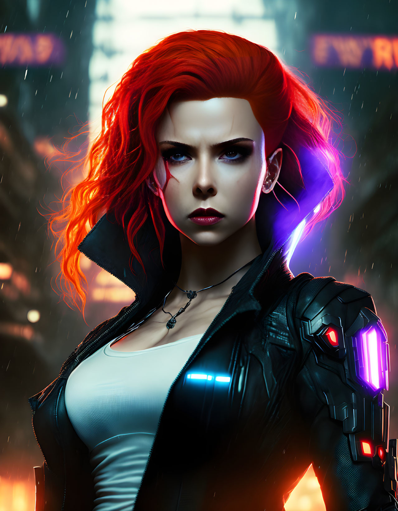 Futuristic female with red hair in glowing armor against neon cityscape