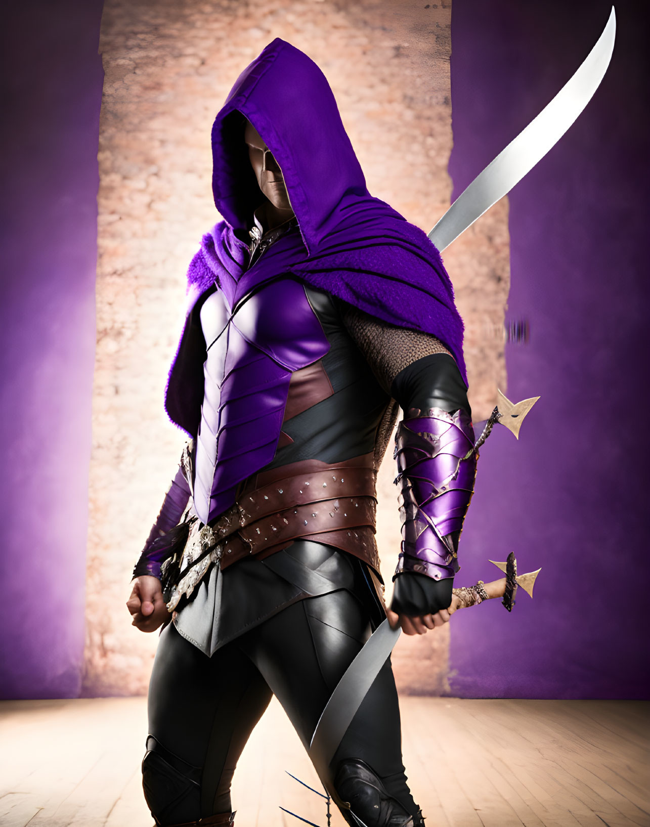 Medieval fantasy costume with sword and chain weapon in purple and black