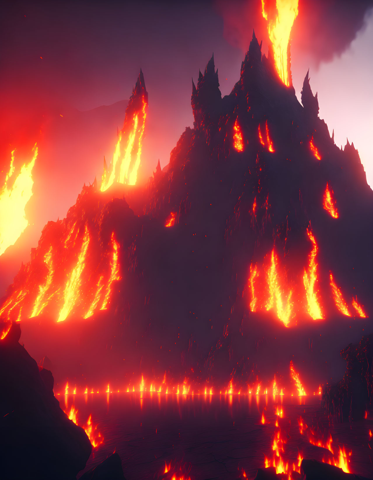 Volcanic landscape at dusk with flowing lava streams