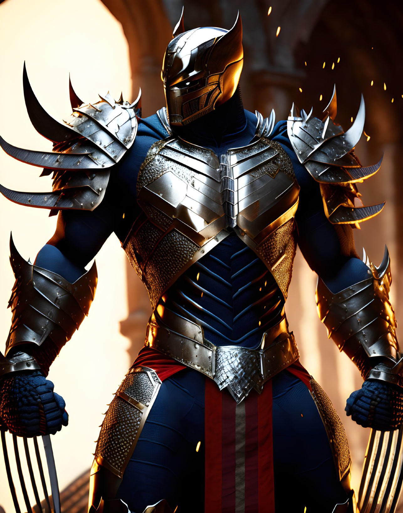 Armored knight with metallic helmet and shoulder spikes in fiery glow