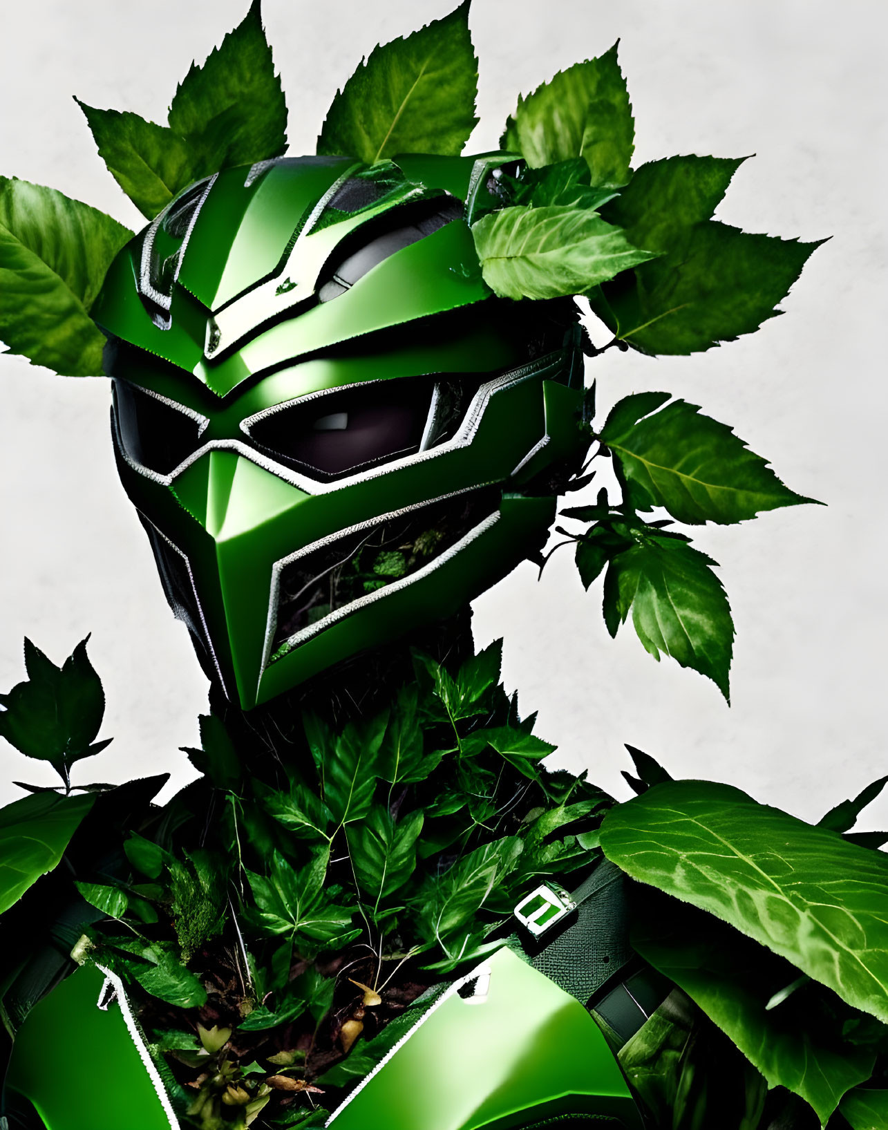 Green futuristic helmet and armor adorned with leaf motifs on a light background