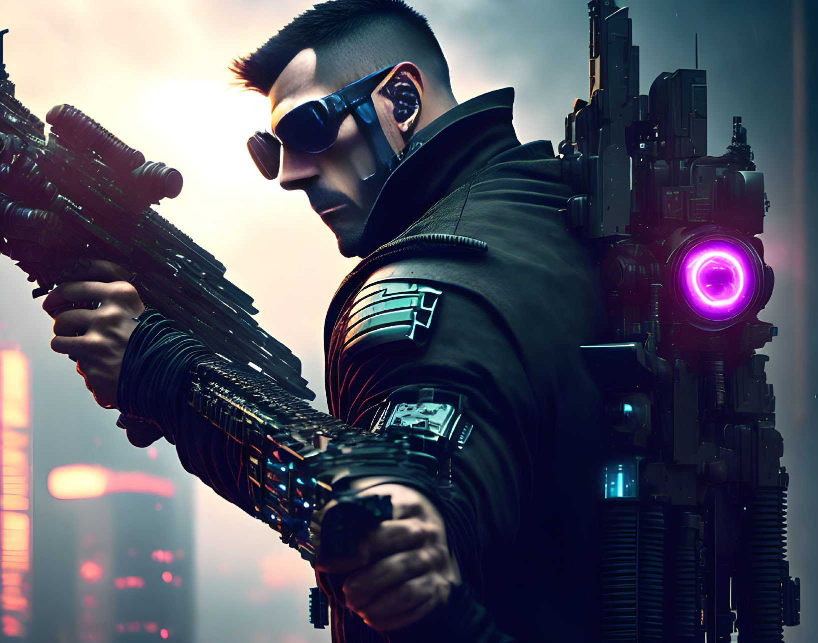 Cybernetic soldier with advanced weapons in neon cityscape