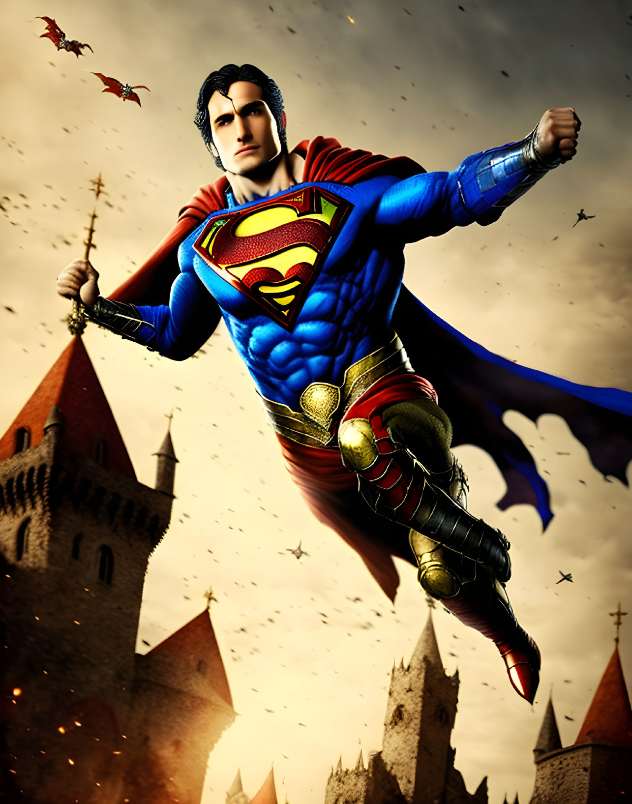 Stylized Superman illustration in flight with red cape, birds, and castle.