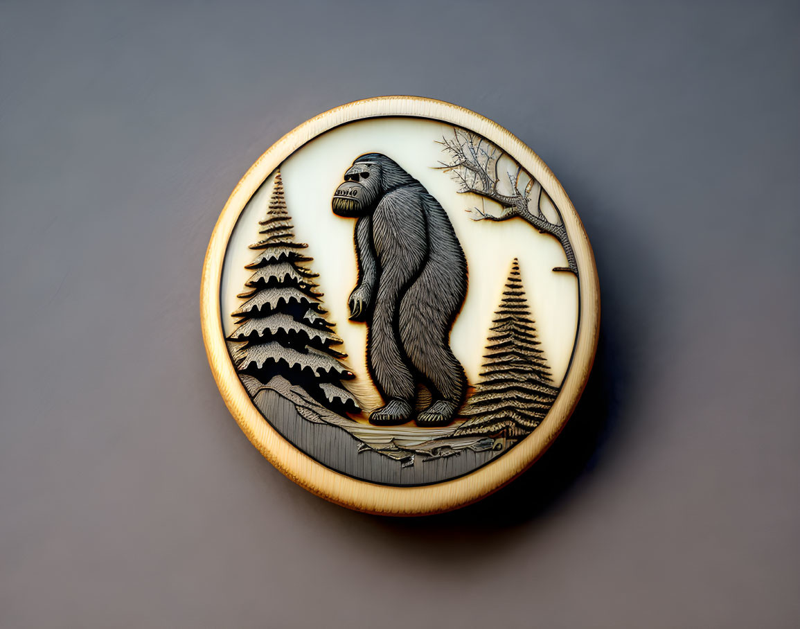 Detailed Bigfoot Carving Among Trees on Round Plaque