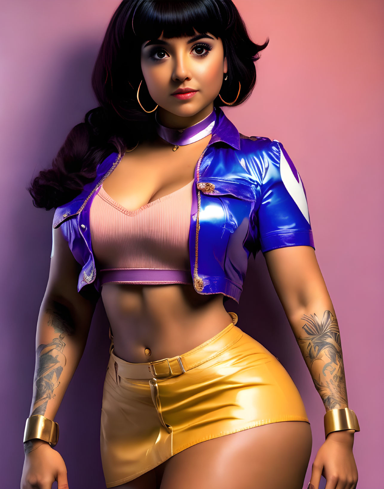 Dark-haired woman in crop top and golden shorts with tattoos, blue jacket on pink-purple backdrop