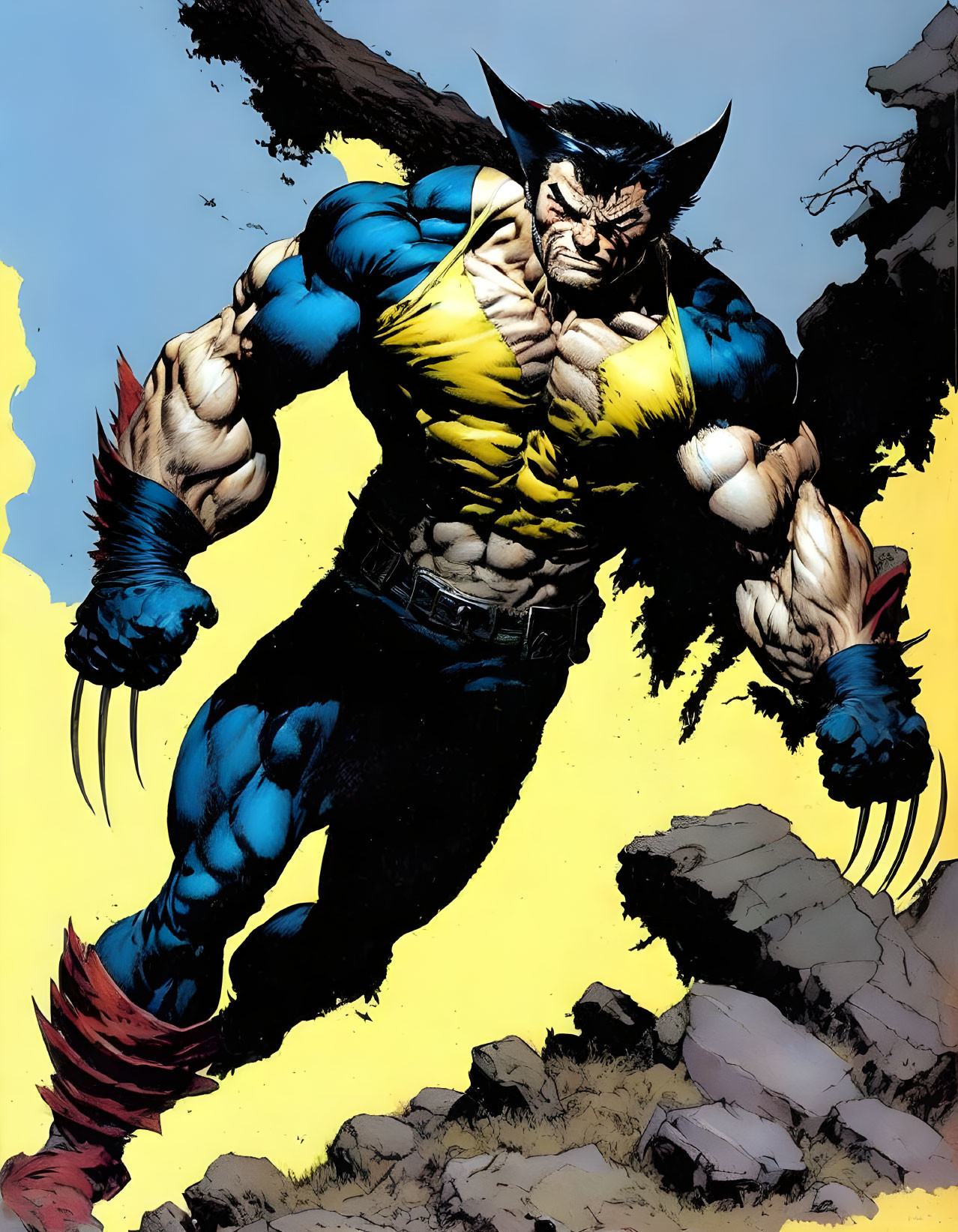 Muscular superhero with adamantium claws in yellow and blue suit