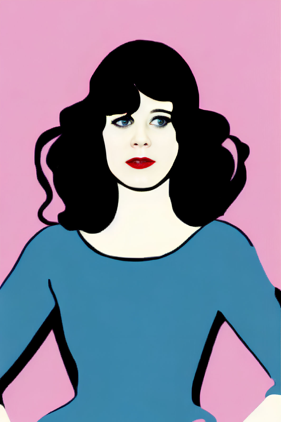 Portrait of woman with black hair, blue eyes, red lipstick, blue top, on pink background