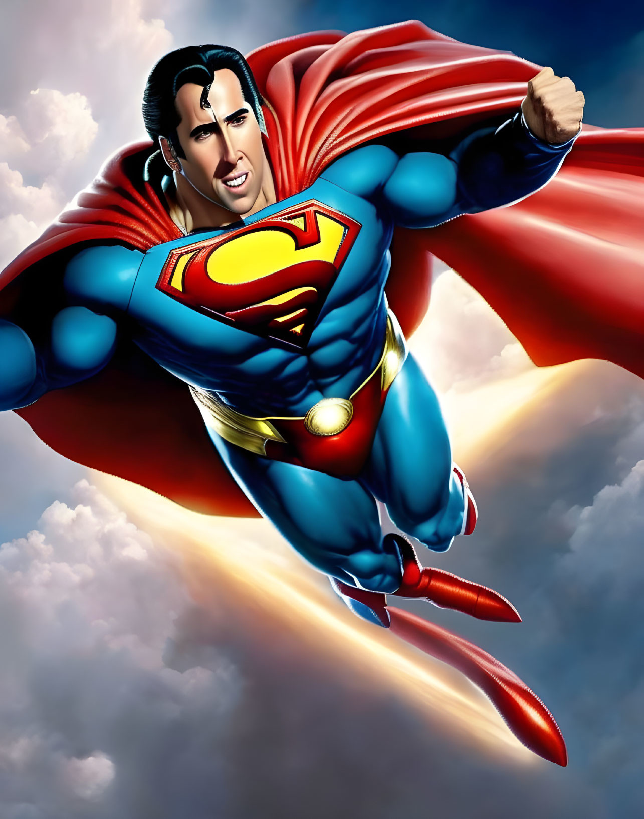 Superman illustration: Flying with flowing cape and determined expression