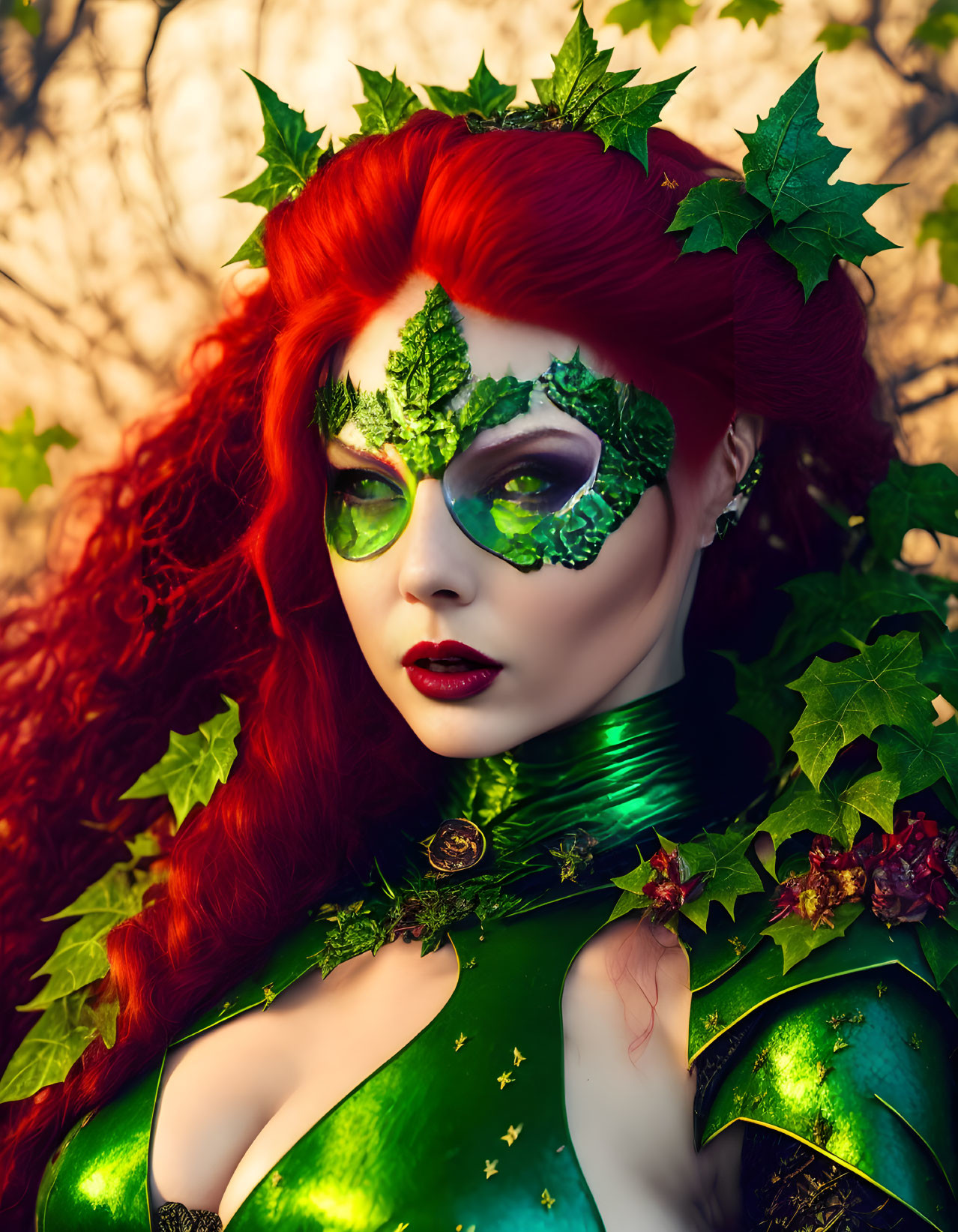 Vibrant red hair and leaf-themed makeup on a woman in nature-inspired costume