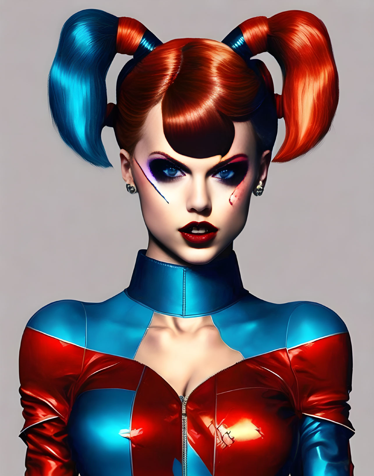 Colorful woman with pigtails and dramatic makeup in blue and red bodysuit