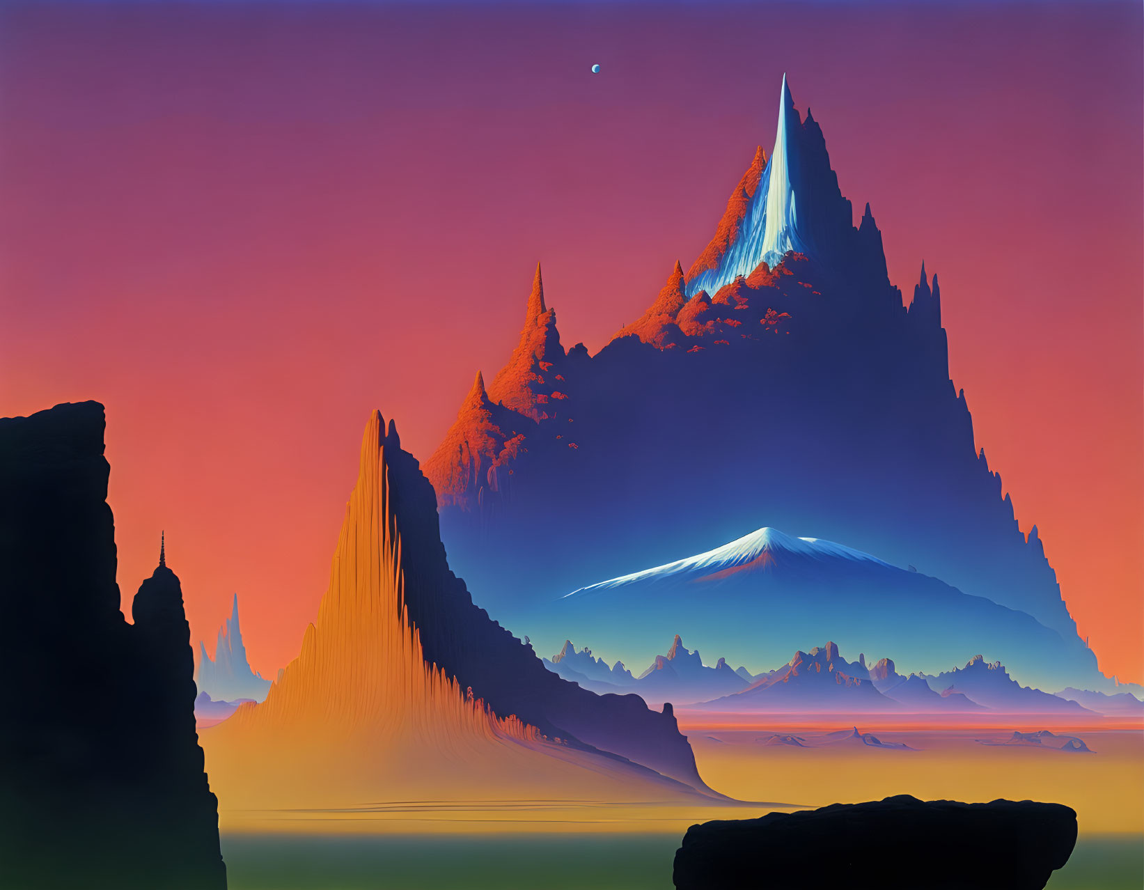 Vibrant Orange and Purple Dusk Landscape with Jagged Mountains