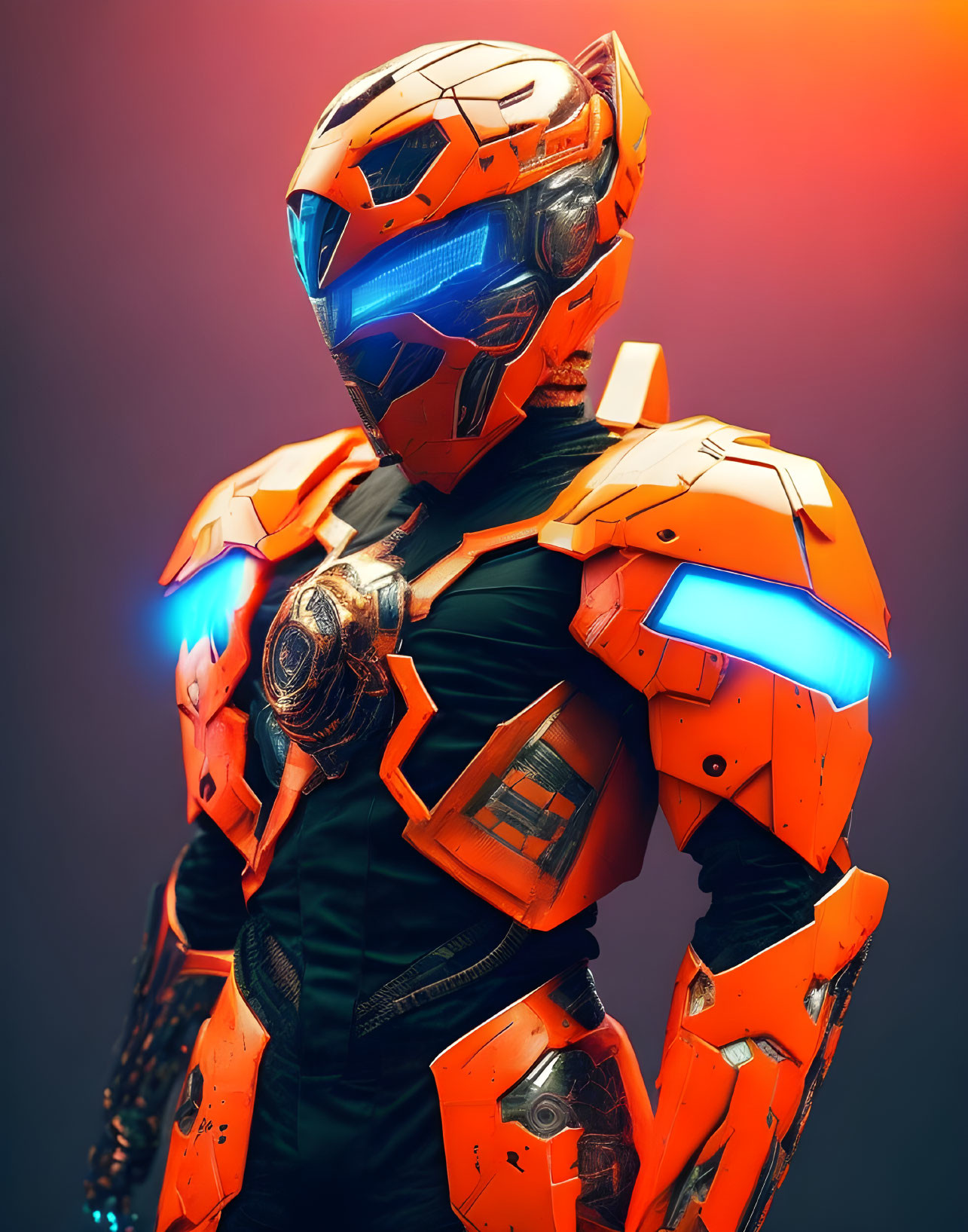 Futuristic individual in orange armor with glowing blue accents on red background