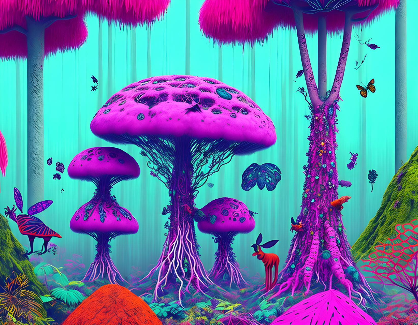 Colorful fantasy forest with giant mushrooms, teal trees, butterflies, and deer-like creature