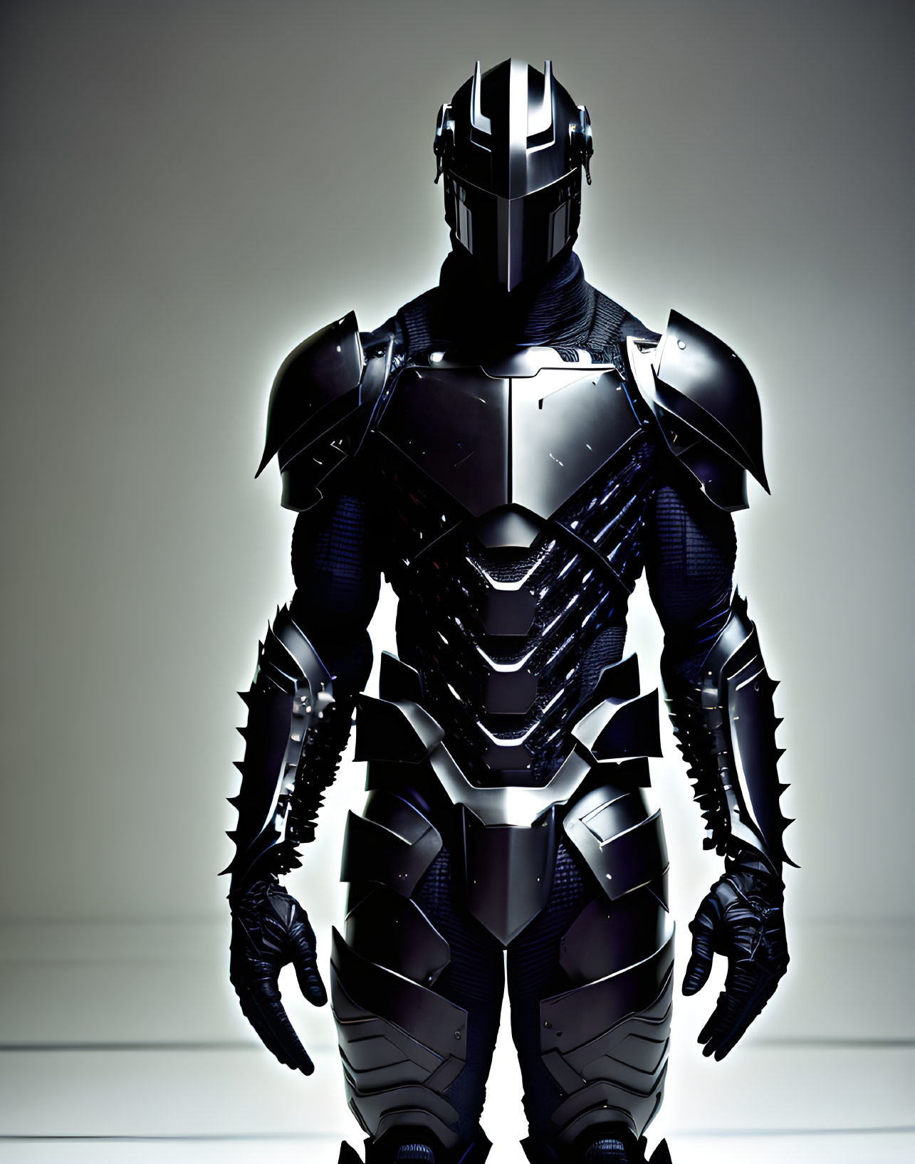 Futuristic person in black armored suit with illuminated visor pose