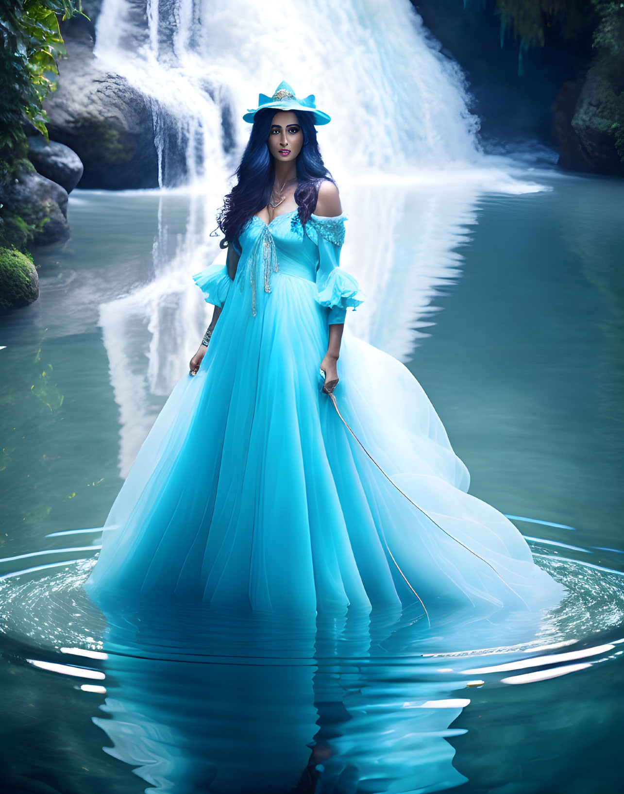 Woman in Blue Gown Stands in Waters by Waterfall