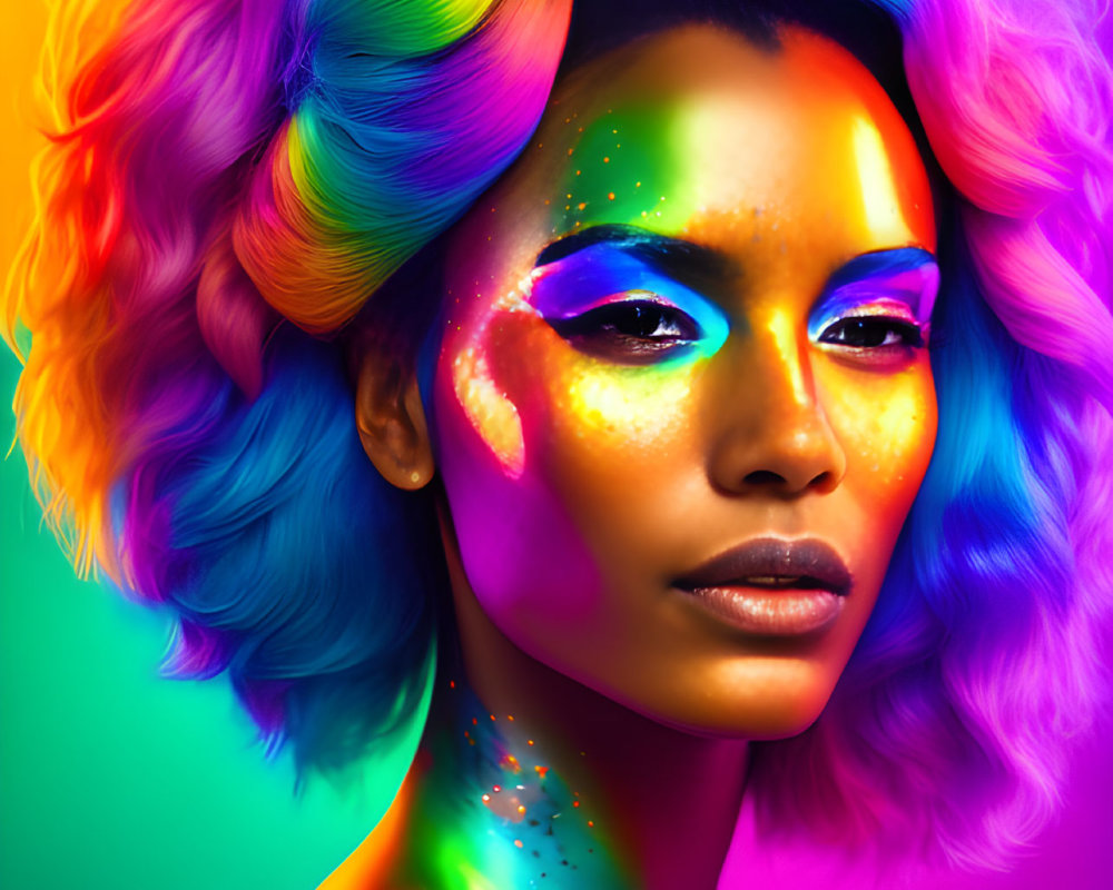 Colorful hair and neon makeup portrait on multicolored background