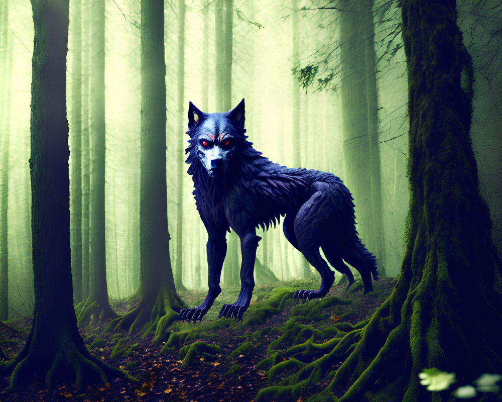 Mystical black wolf with blue eyes in foggy forest with moss-covered trees