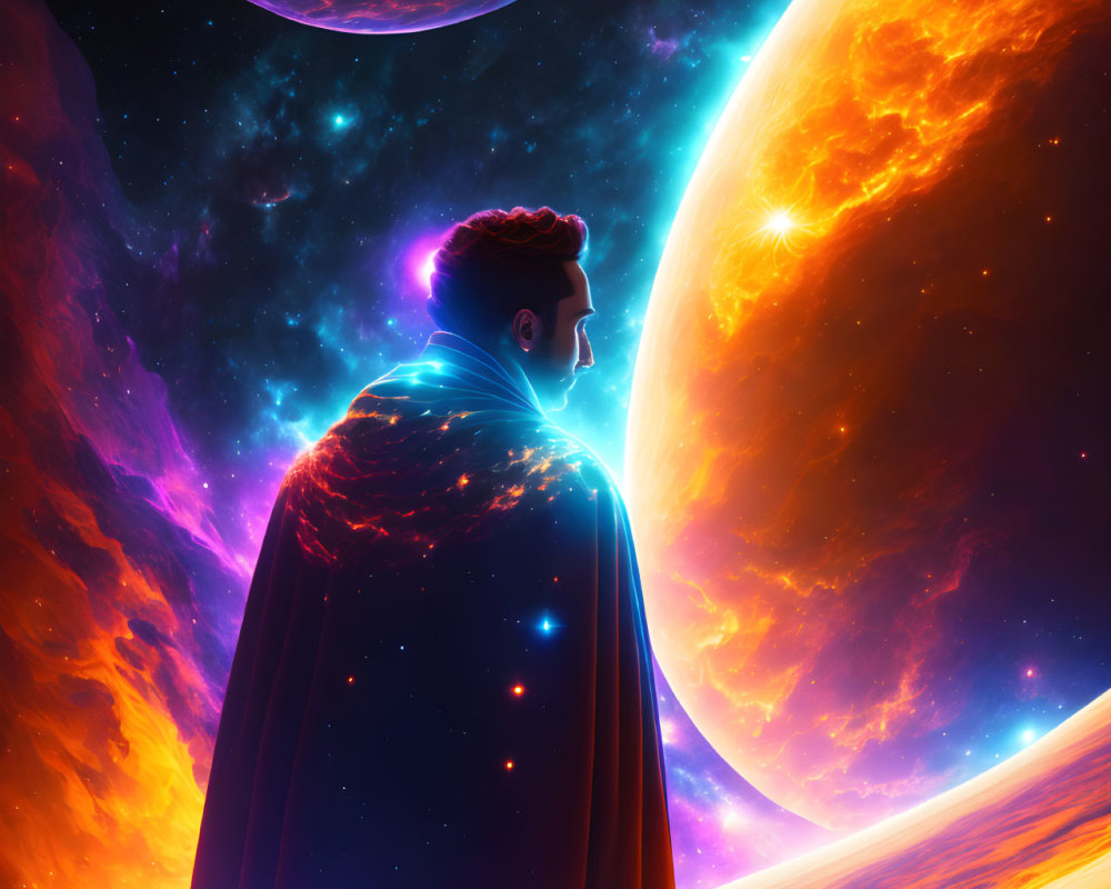 Person with Glowing Aura in Cosmic Scenery with Planets