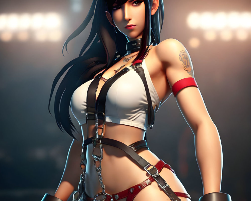 Digital artwork: Dark-haired female in white top with red harnesses, choker, and left arm