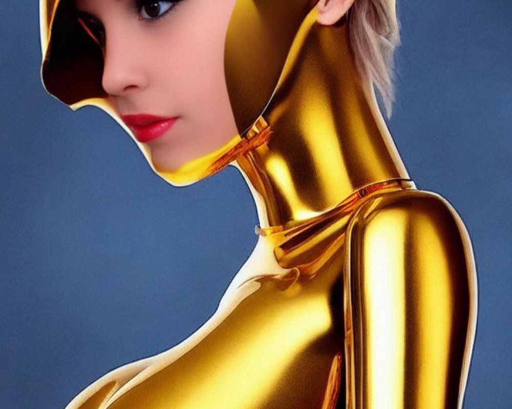 Side-swept hairstyle woman in shiny gold bodysuit with high collar