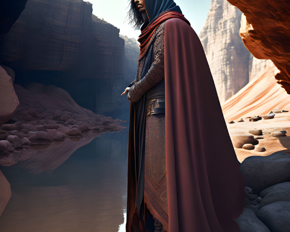 Cloaked figure in detailed armor and cape in sunlit canyon