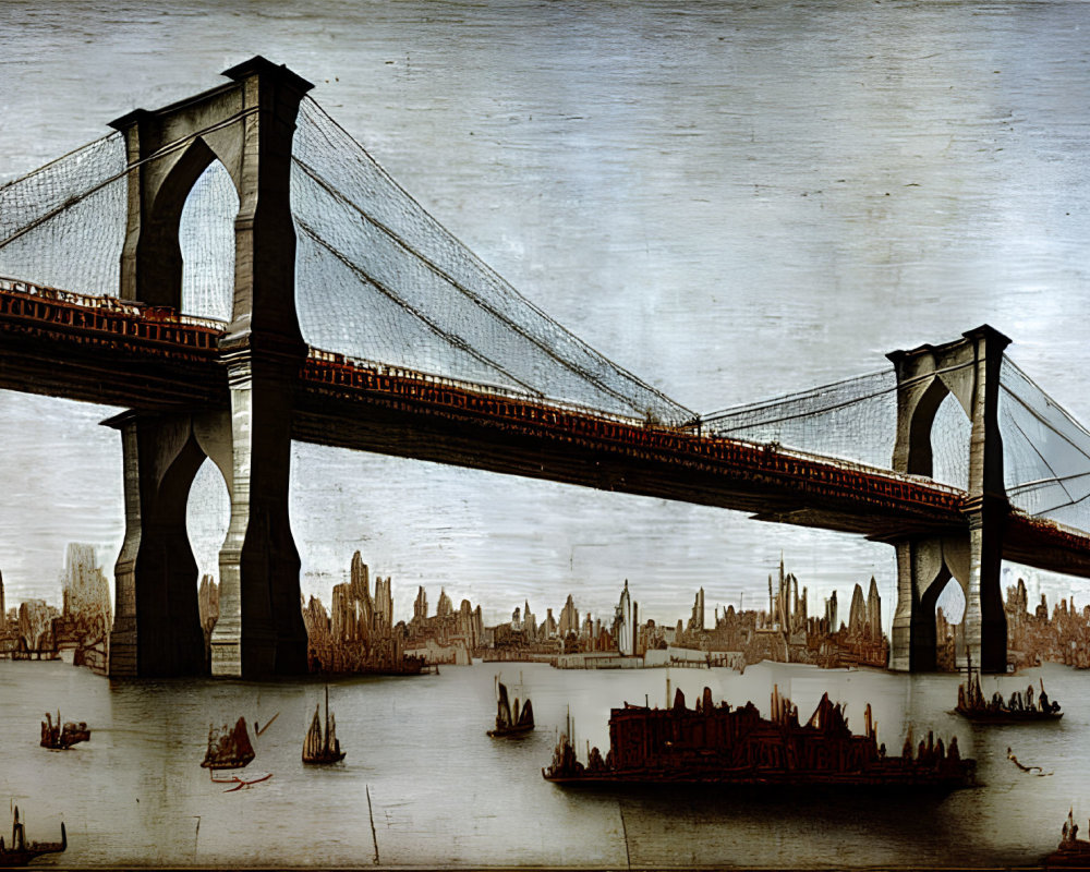 Illustration of vintage suspension bridge over water with boats and city skyline