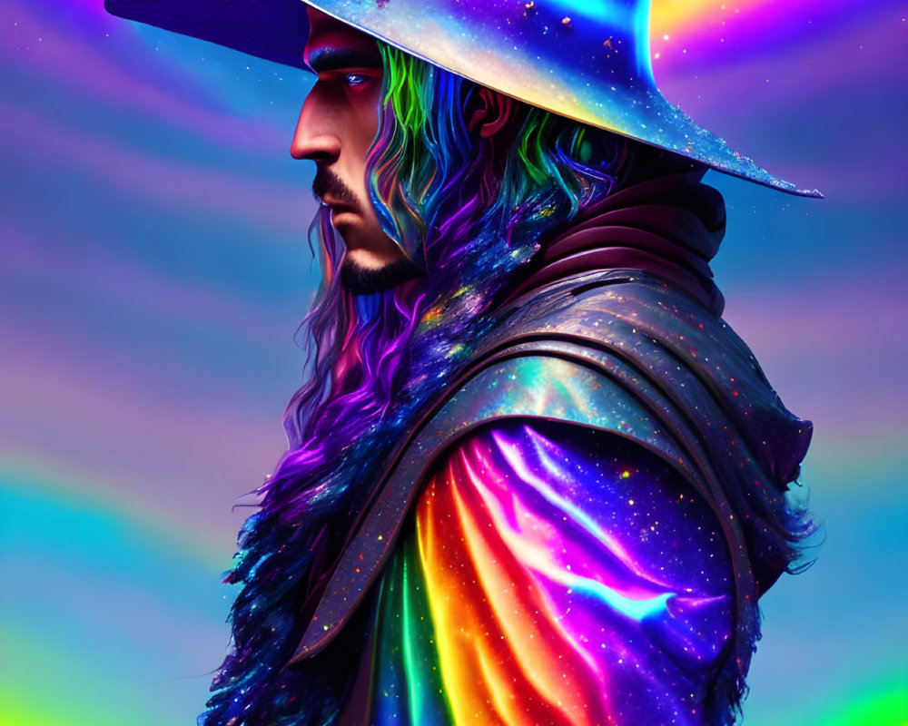 Colorful digital portrait of a man in cosmic cowboy hat and rainbow attire under neon aurora sky