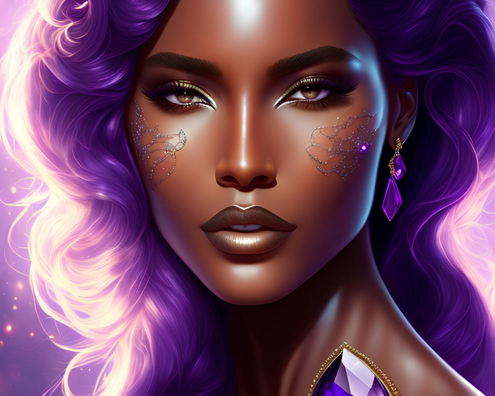 Vibrant Purple Hair Woman in Cosmic Fantasy Art