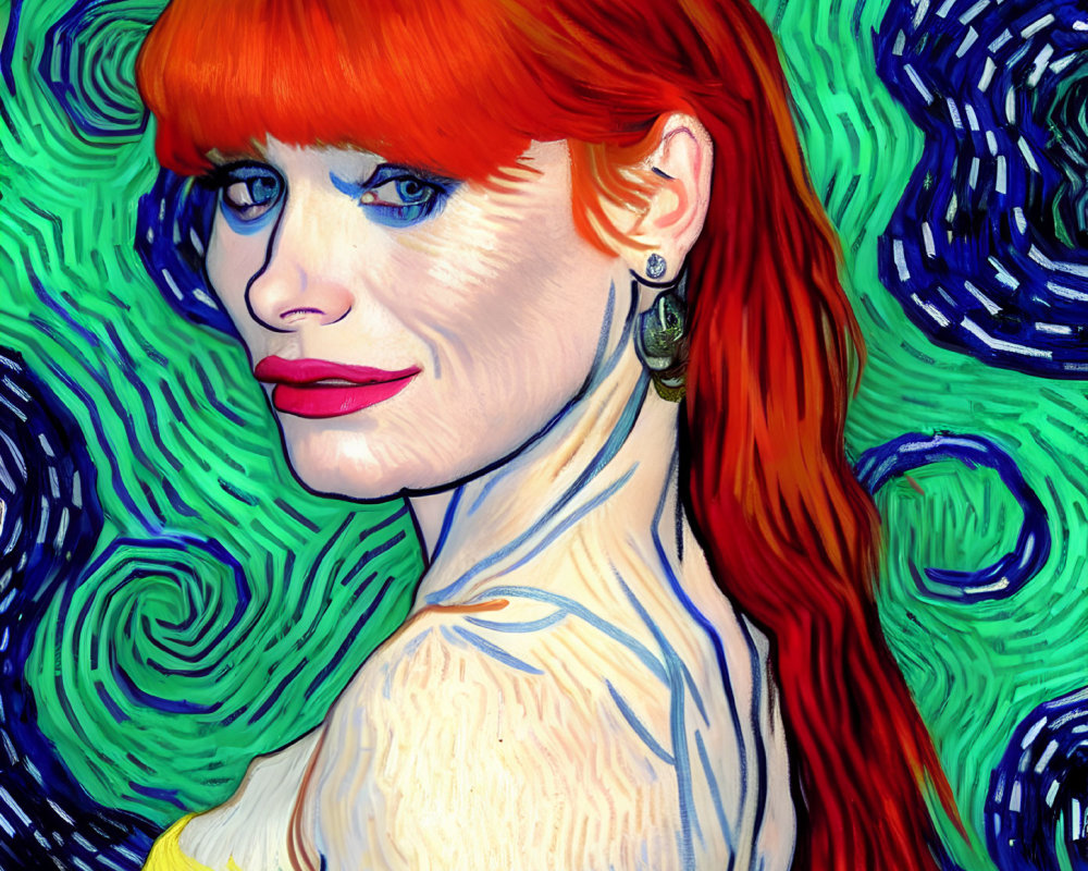 Red-haired woman with blue eyes and red lipstick on swirling blue background.