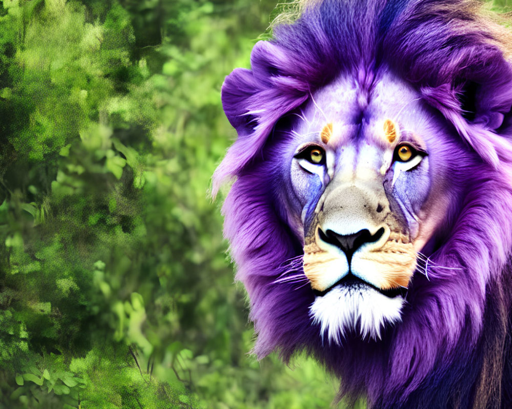 Digitally altered image: Lion with vibrant purple mane on blurred green background