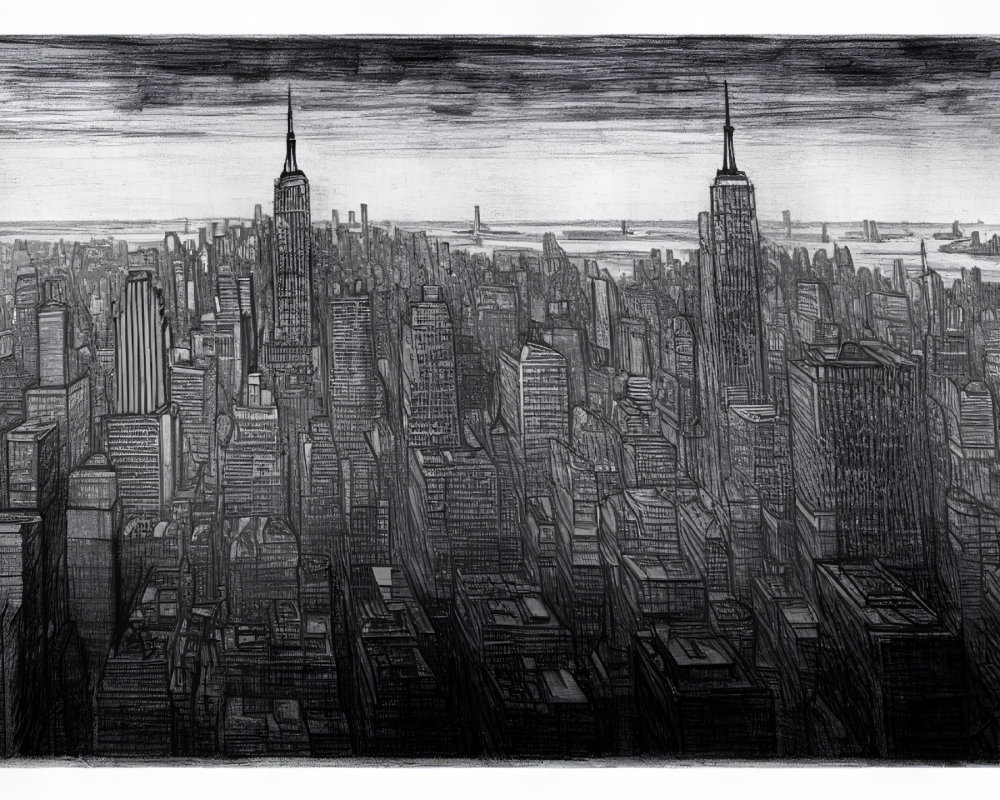 Monochrome sketch of dense urban skyline with skyscrapers, possibly New York City view.