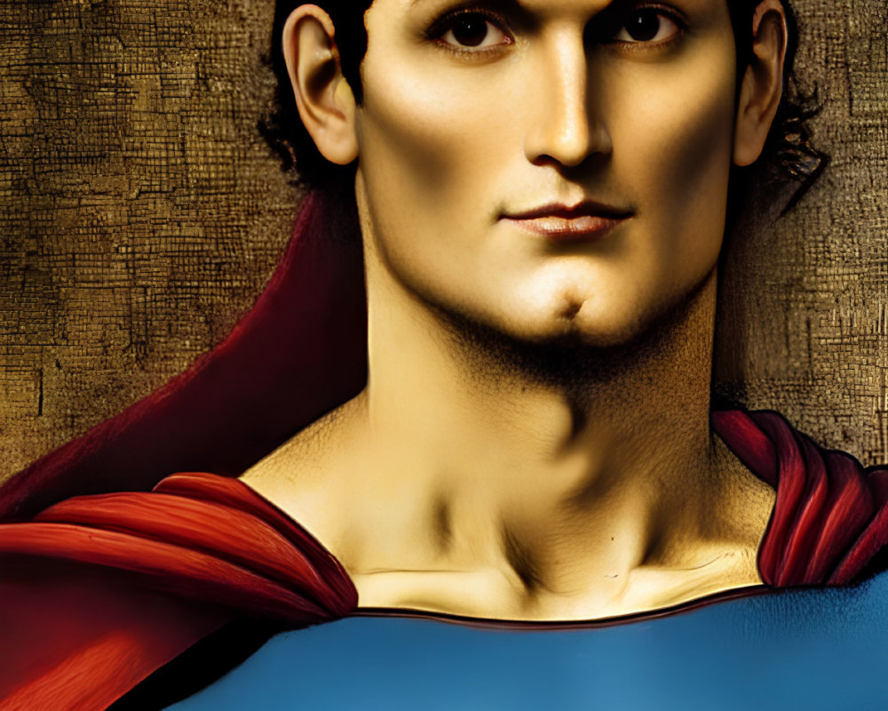 Superman in Red and Blue Costume with 'S' Emblem on Golden Textured Background