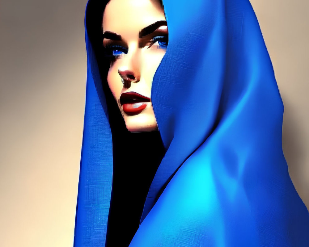 Vibrant blue cloak on woman in digital art portrait