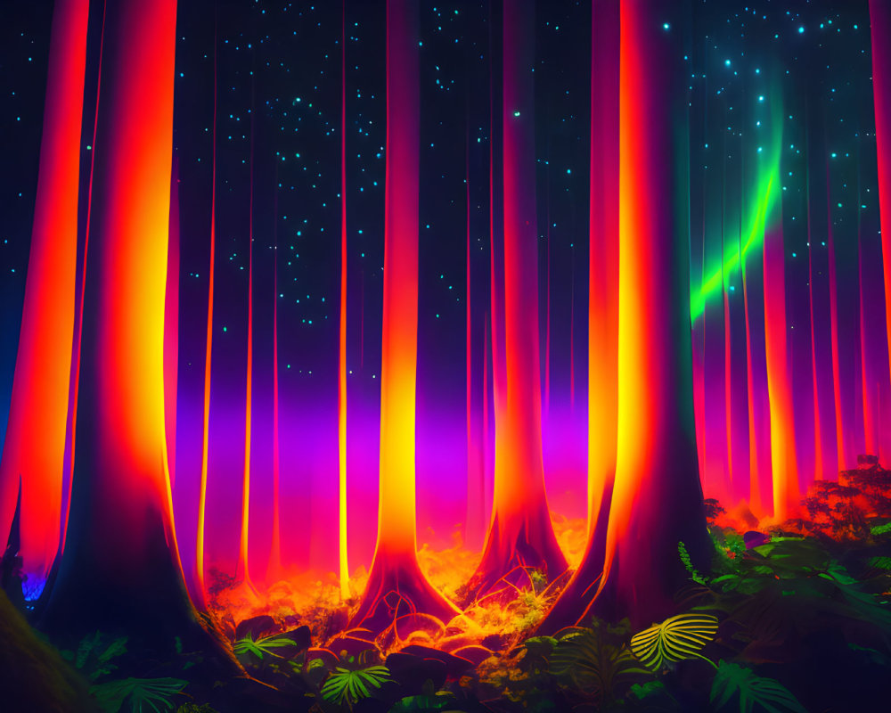 Vibrant digital art: Glowing lava-like trees in starry sky with green aurora