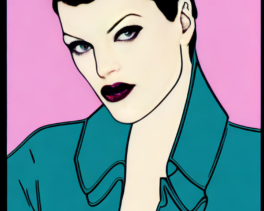 Stylized portrait of woman with short dark haircut and teal blouse