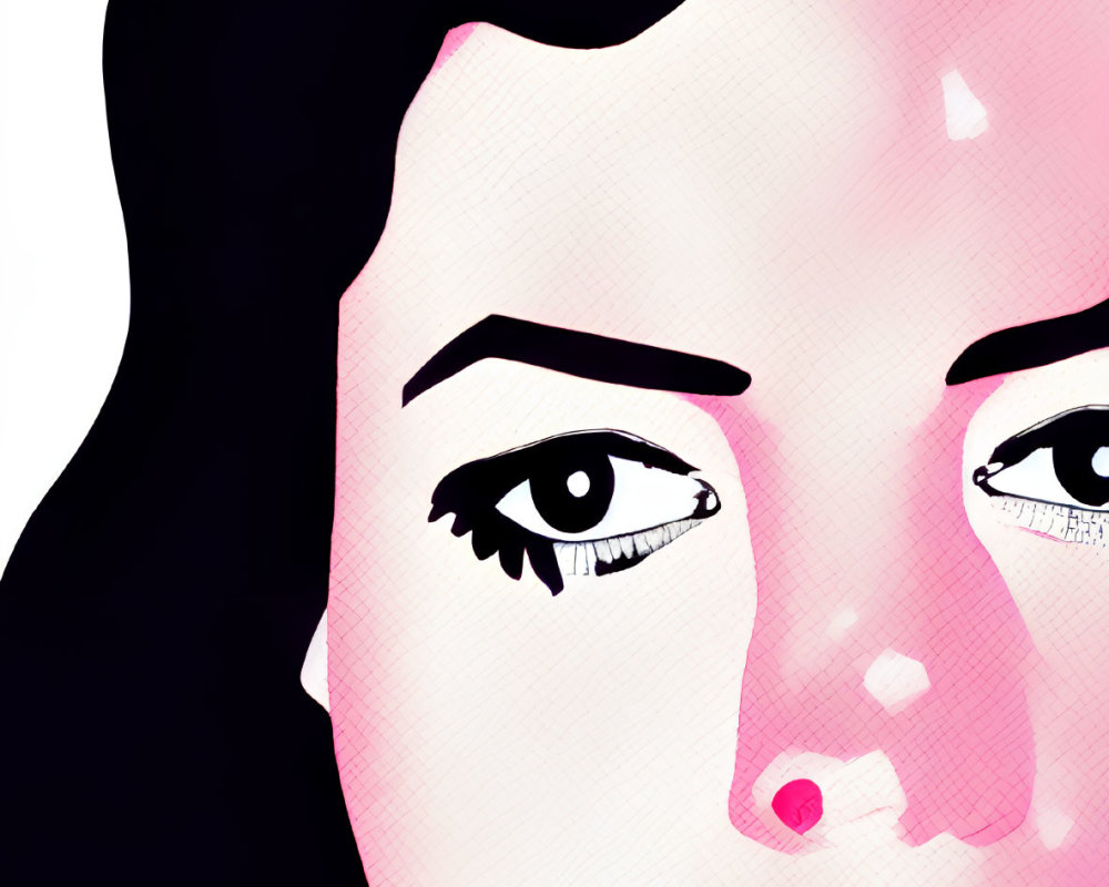 Detailed graphic illustration of a woman with bold red lips and prominent eyelashes in limited pink and black colors