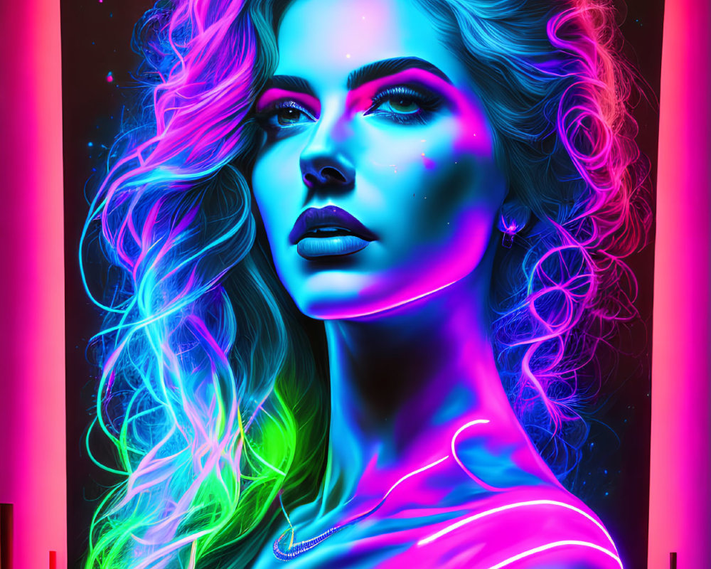 Colorful digital artwork: Neon-lit woman with vibrant skin tones on dark background