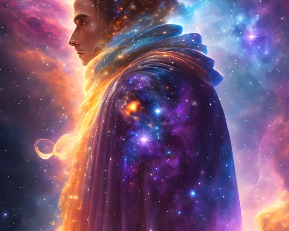 Majestic cosmic figure in star-filled silhouette against vibrant space backdrop