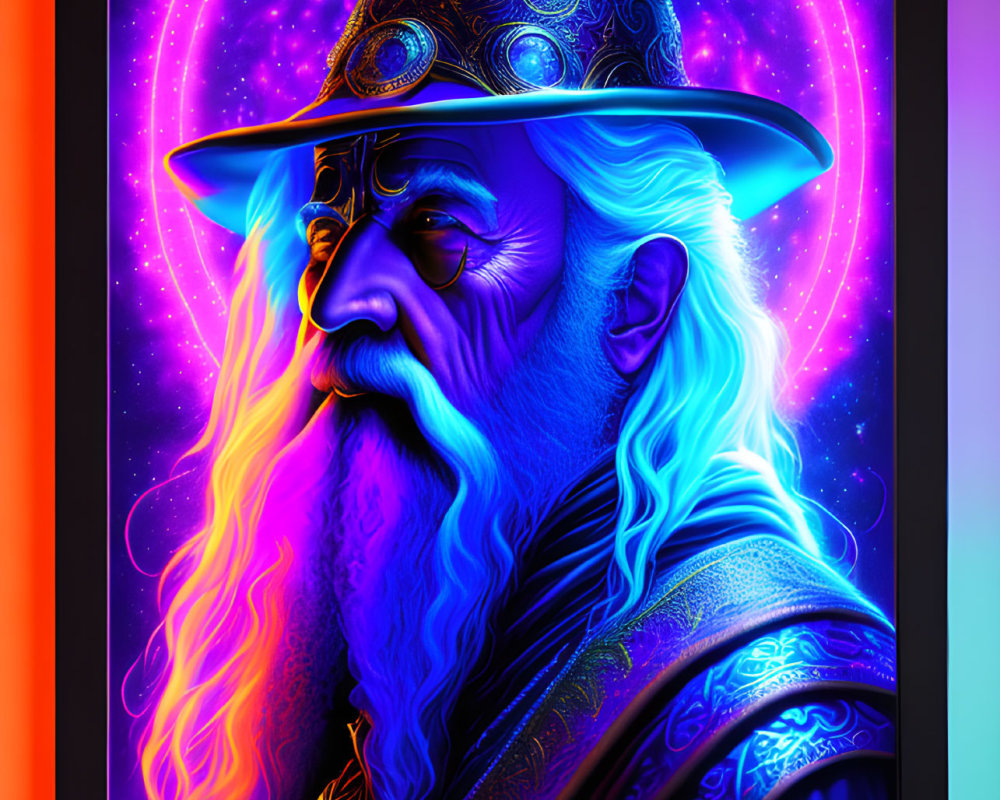 Colorful digital wizard portrait with glowing hat and cosmic backdrop