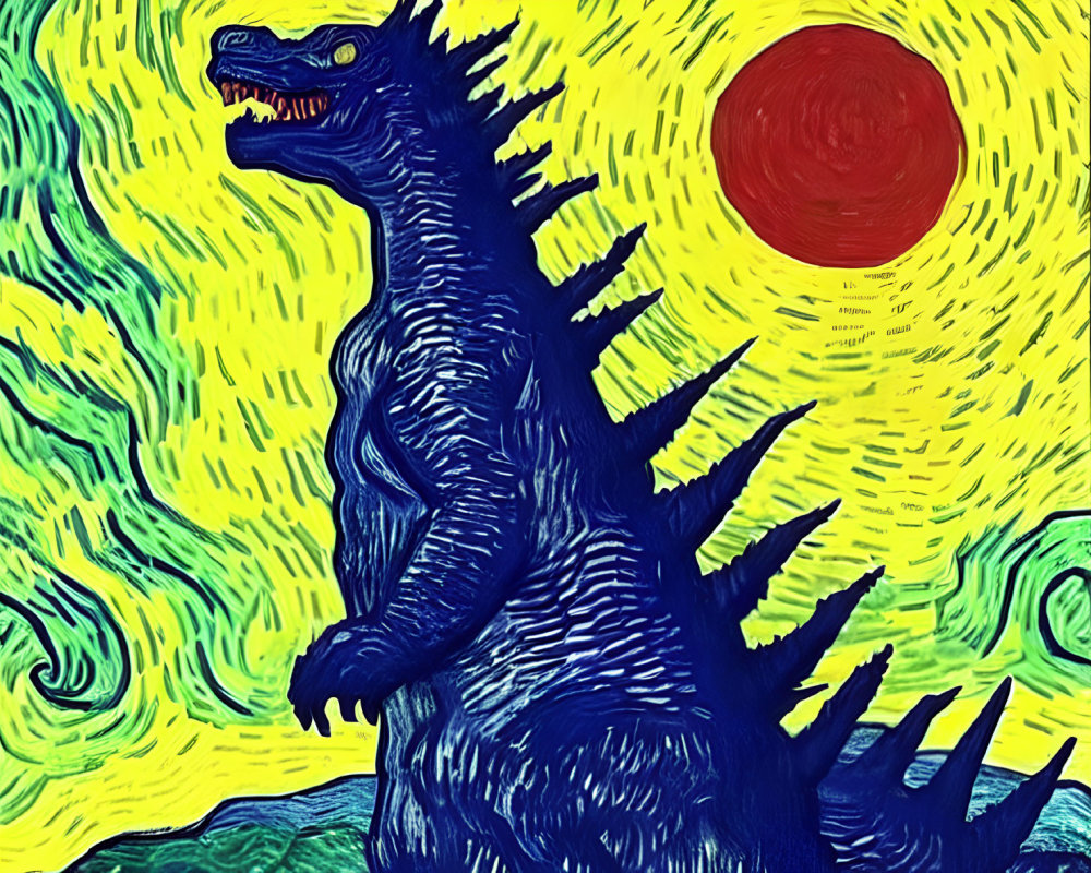 Godzilla figure styled like Van Gogh's "Starry Night" with swirling yellow patterns