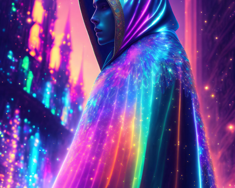 Vibrant cosmic-patterned cloak against neon-lit cityscape